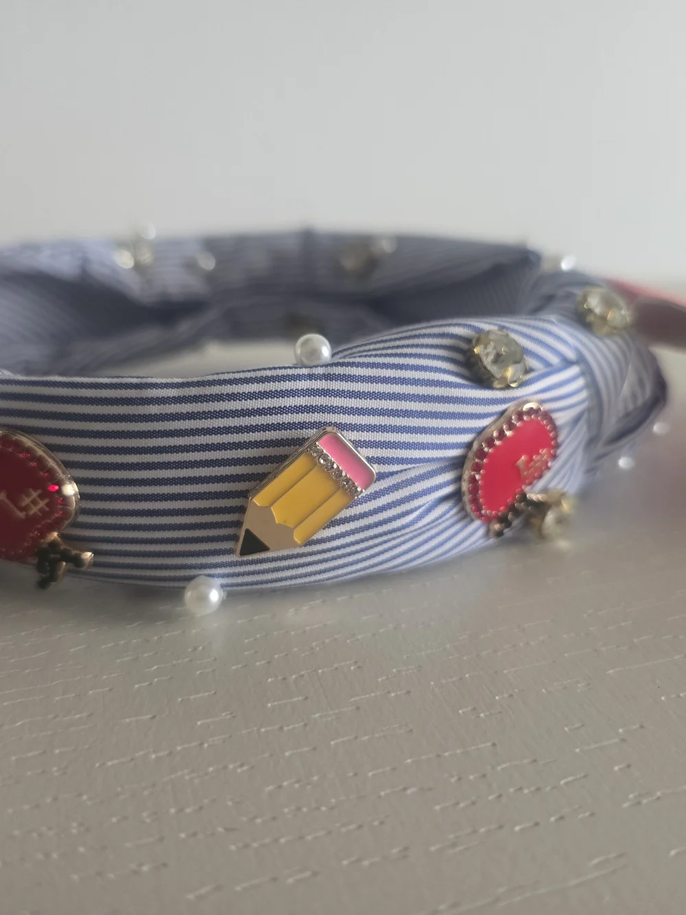 Piper K Striped Headband with Pencil, Apple, and Pearl Charms